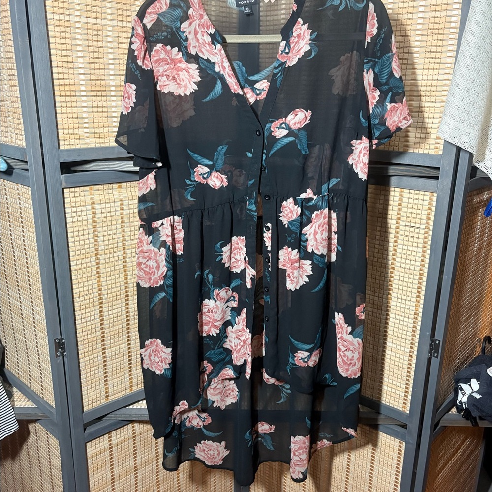 Torrid Sheer Black Dress/Tunic with Pink Floral Pattern
